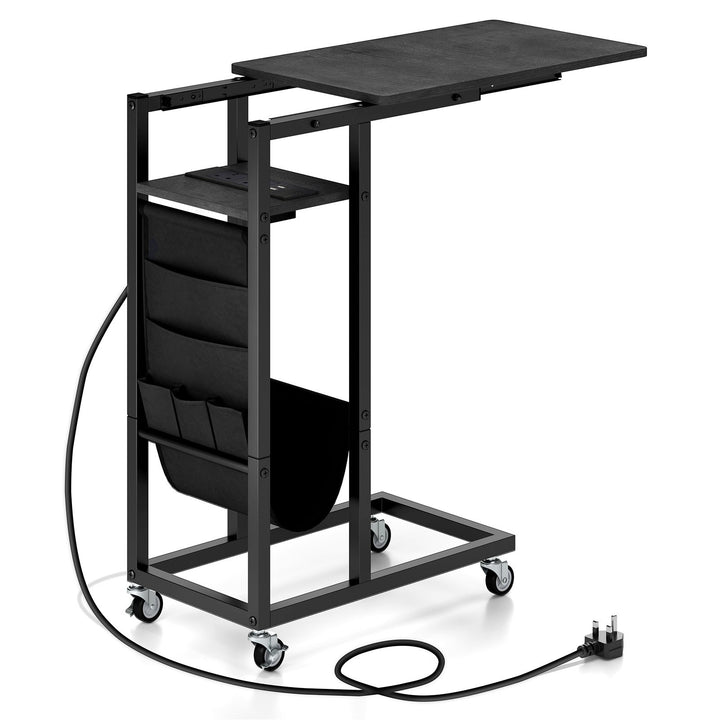 C-shaped End Table Rolling with Charging Station and Retractable Tabletop - TidySpaces
