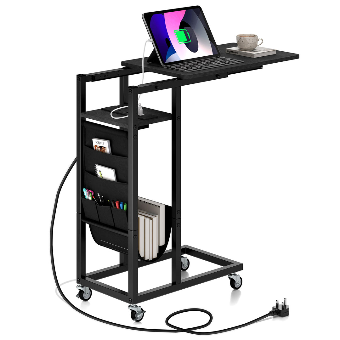 C-shaped End Table Rolling with Charging Station and Retractable Tabletop - TidySpaces