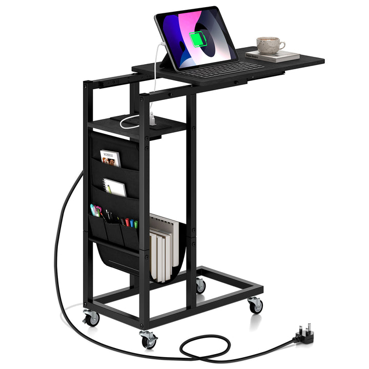 C-shaped End Table Rolling with Charging Station and Retractable Tabletop - TidySpaces