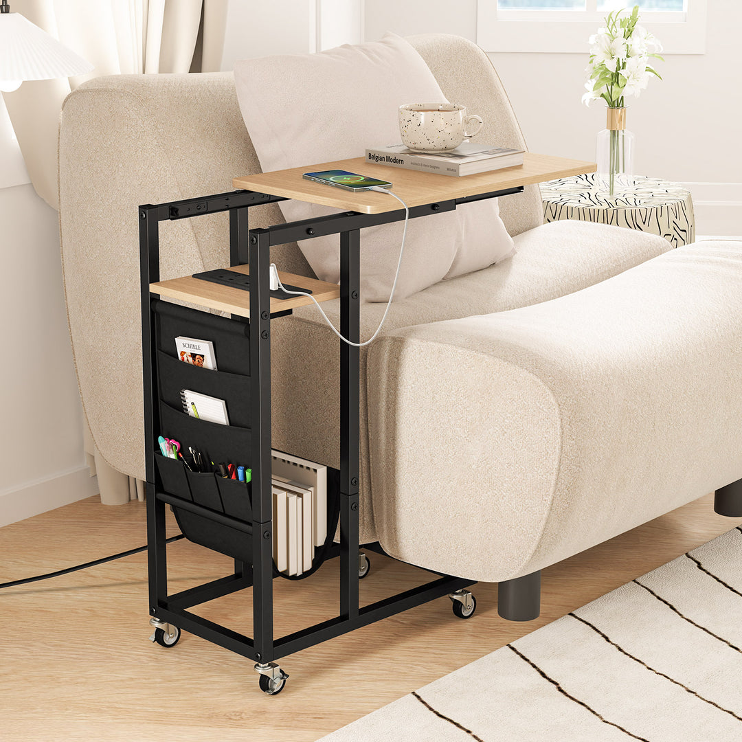 C-shaped End Table Rolling with Charging Station and Retractable Tabletop - TidySpaces