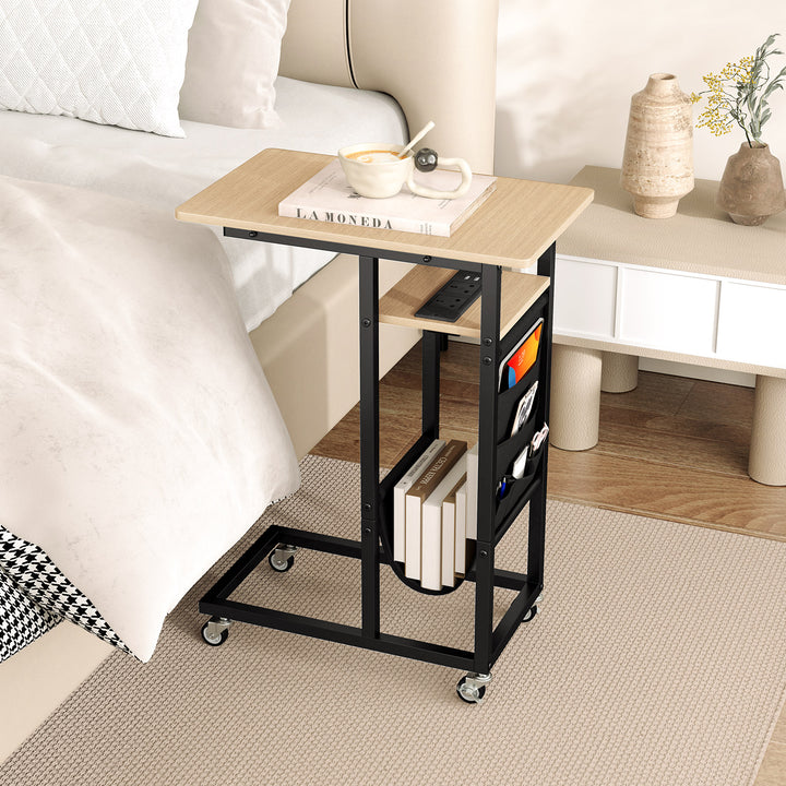C-shaped End Table Rolling with Charging Station and Retractable Tabletop - TidySpaces