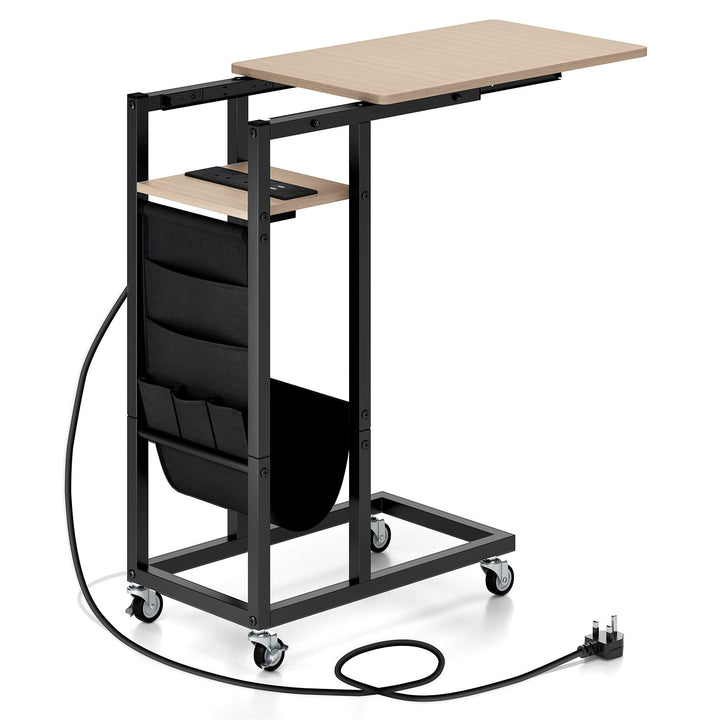 C-shaped End Table Rolling with Charging Station and Retractable Tabletop - TidySpaces