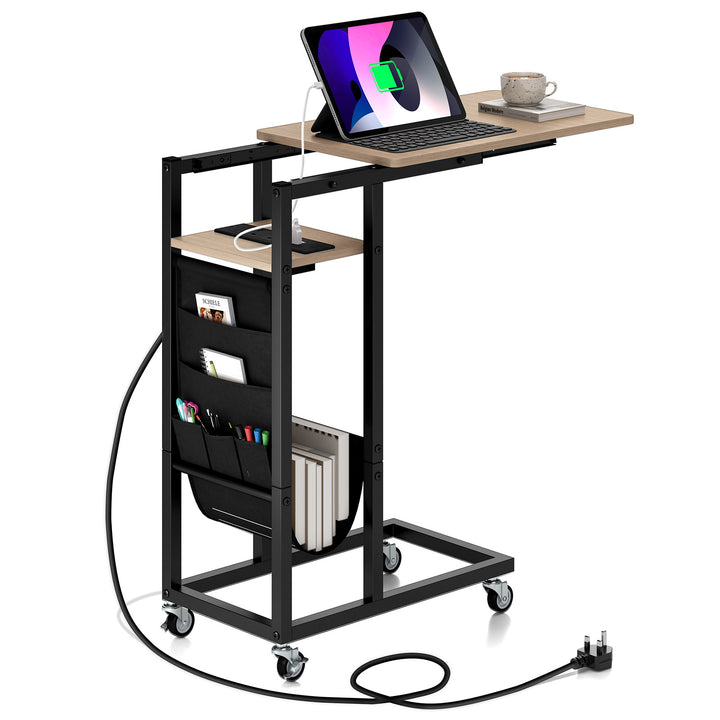 C-shaped End Table Rolling with Charging Station and Retractable Tabletop - TidySpaces