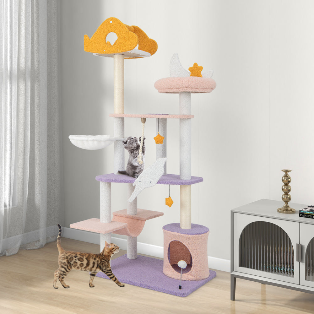 167 cm Multilevel Tall Cat Tower with Sisal Covered Scratching Posts-Purple - TidySpaces