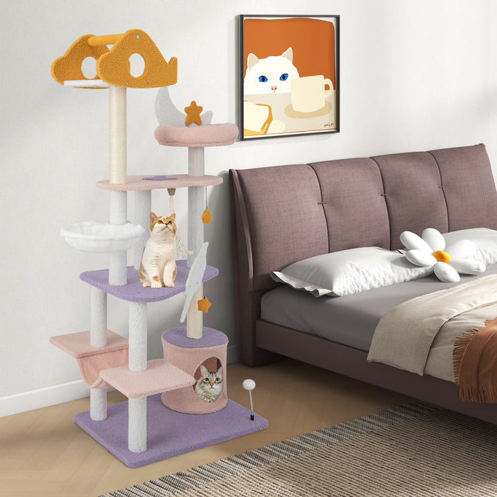 167 cm Multilevel Tall Cat Tower with Sisal Covered Scratching Posts-Purple - TidySpaces