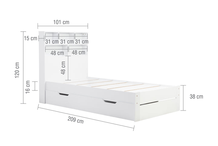 Alfie Storage Bed with Headboard Storage and Pull Out Drawer for Versatile Organization