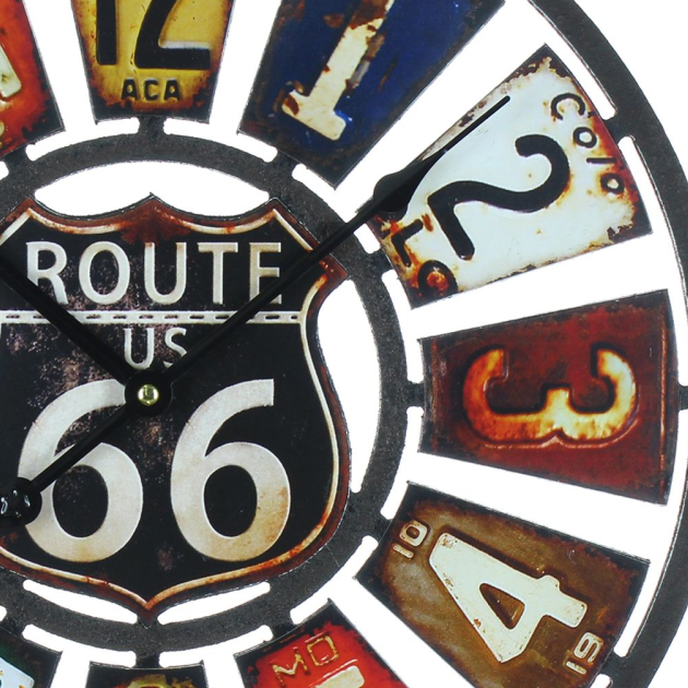 Decorative clock with Route 66 design on a white background