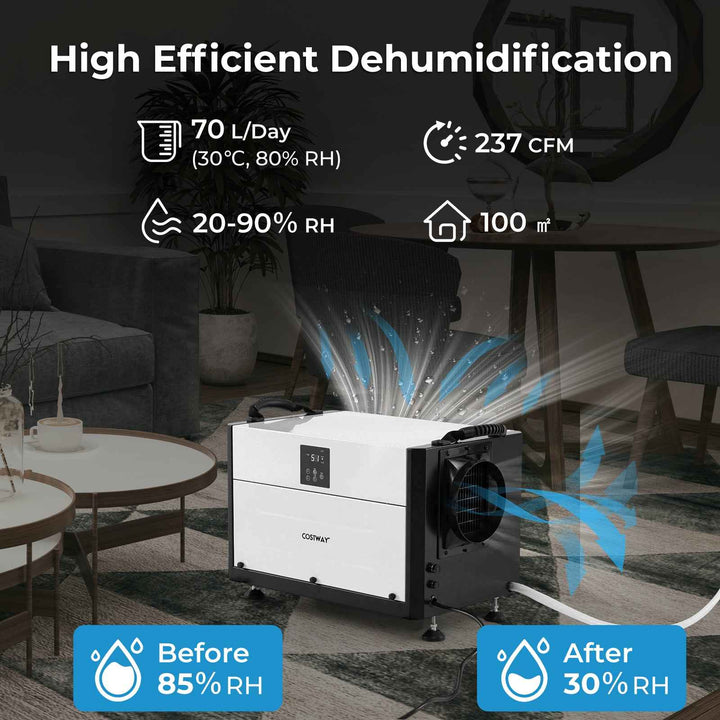 50/70L/Day Crawl Space Dehumidifier with 3 Modes and 24H Timer for Efficient Moisture Control