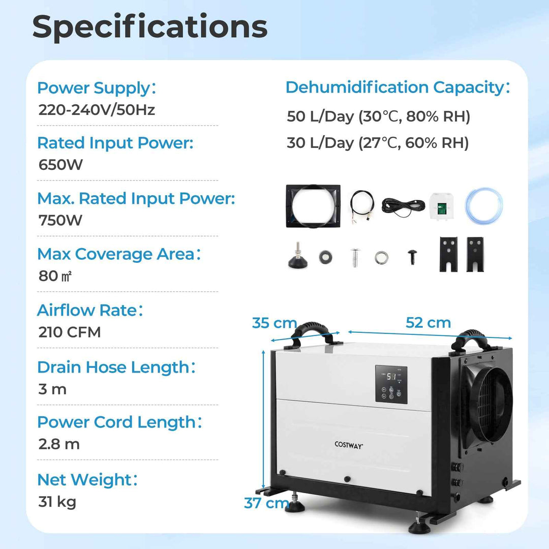 50/70L/Day Crawl Space Dehumidifier with 3 Modes and 24H Timer for Efficient Moisture Control