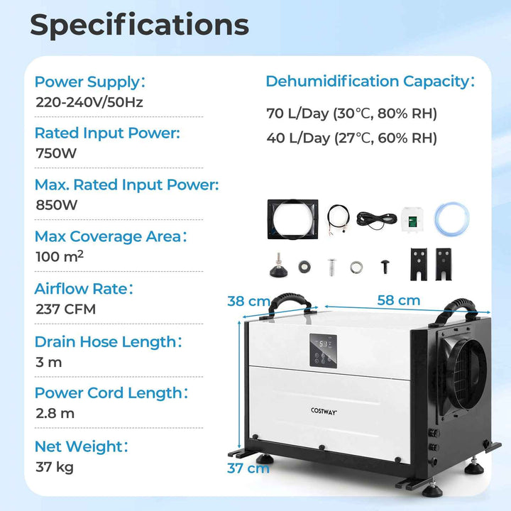 50/70L/Day Crawl Space Dehumidifier with 3 Modes and 24H Timer for Efficient Moisture Control