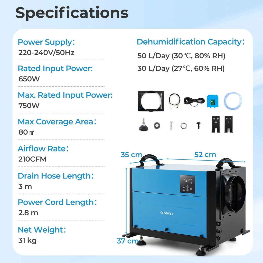 50/70L/Day Crawl Space Dehumidifier with 3 Modes and 24H Timer for Efficient Moisture Control