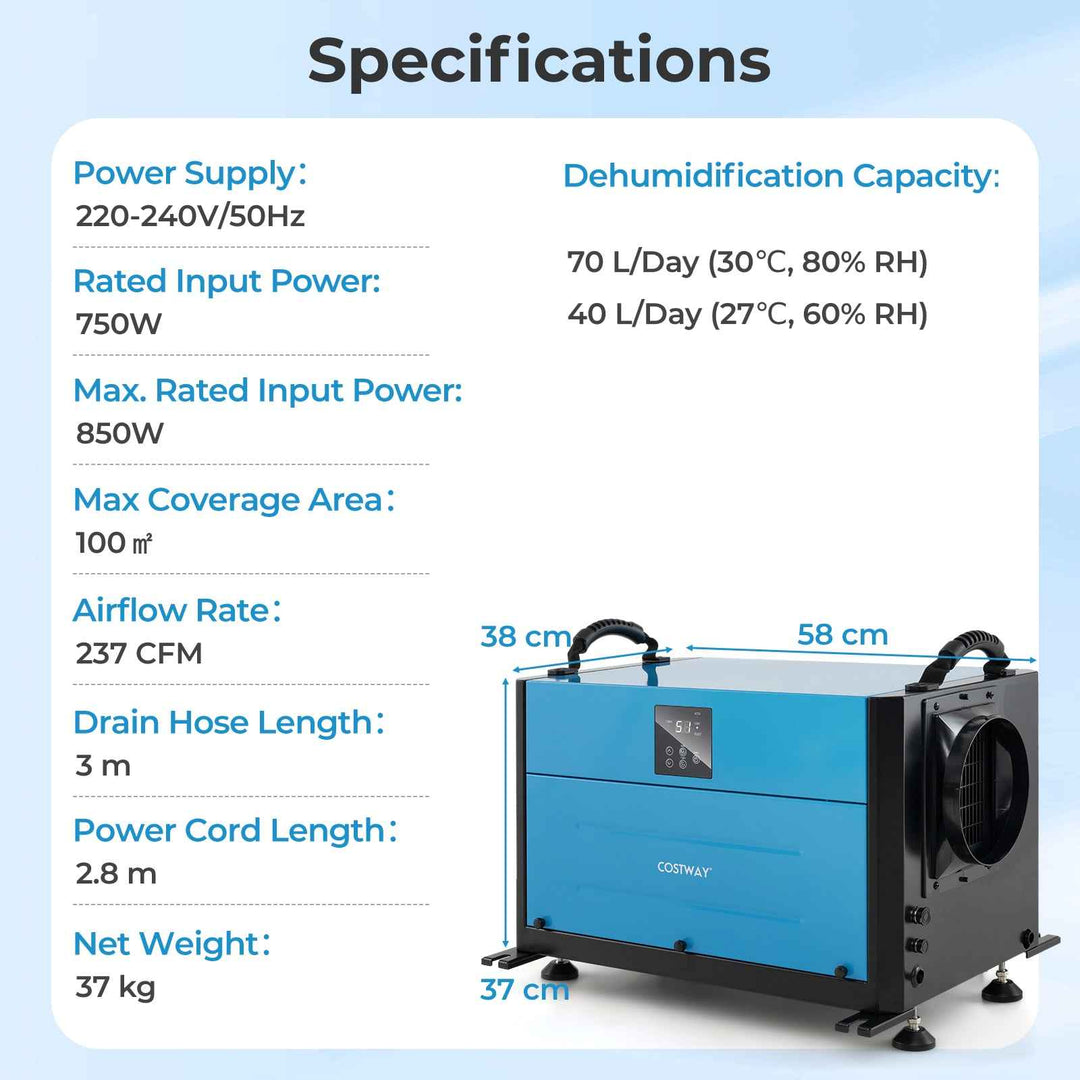 50/70L/Day Crawl Space Dehumidifier with 3 Modes and 24H Timer for Efficient Moisture Control