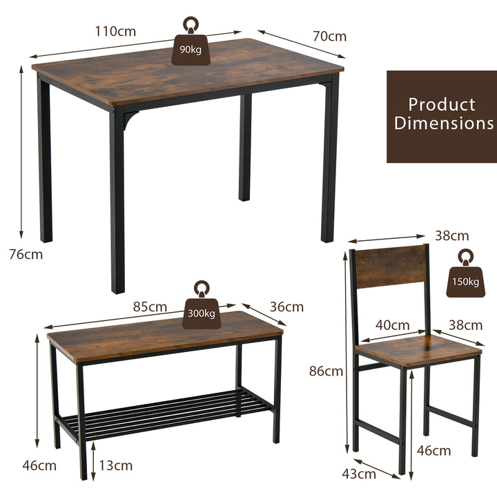 4 Piece Dining Table Set with Storage Shelf and Metal Frame