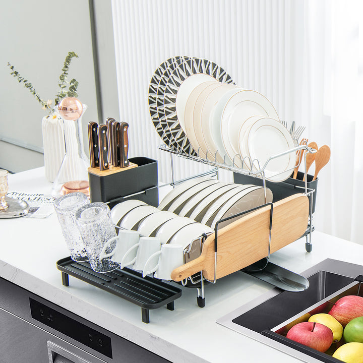 2-Tier Detachable Kitchen Dish Drying Rack with Drainboard-Silver