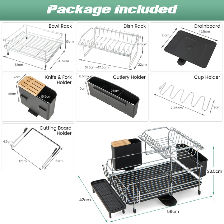 2-Tier Detachable Kitchen Dish Drying Rack with Drainboard-Silver