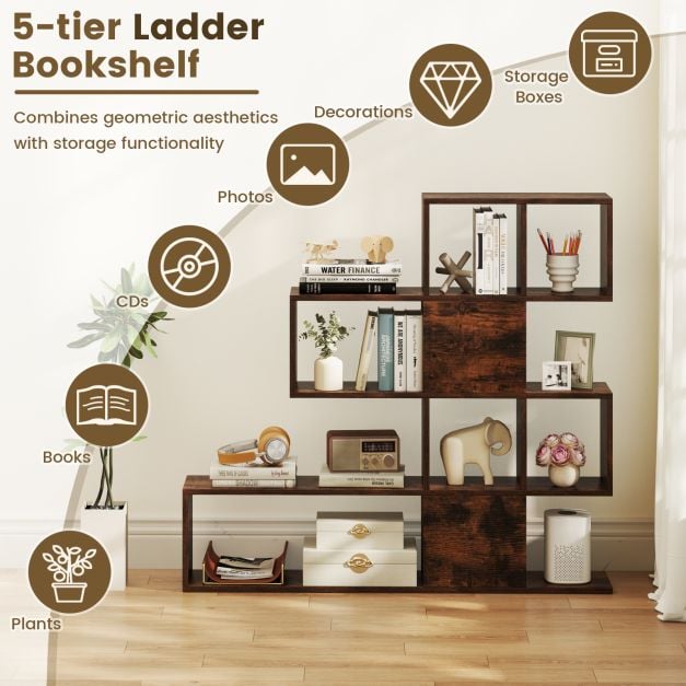 5-Tier Display and Storage Bookshelf for Home and Office in Rustic Brown