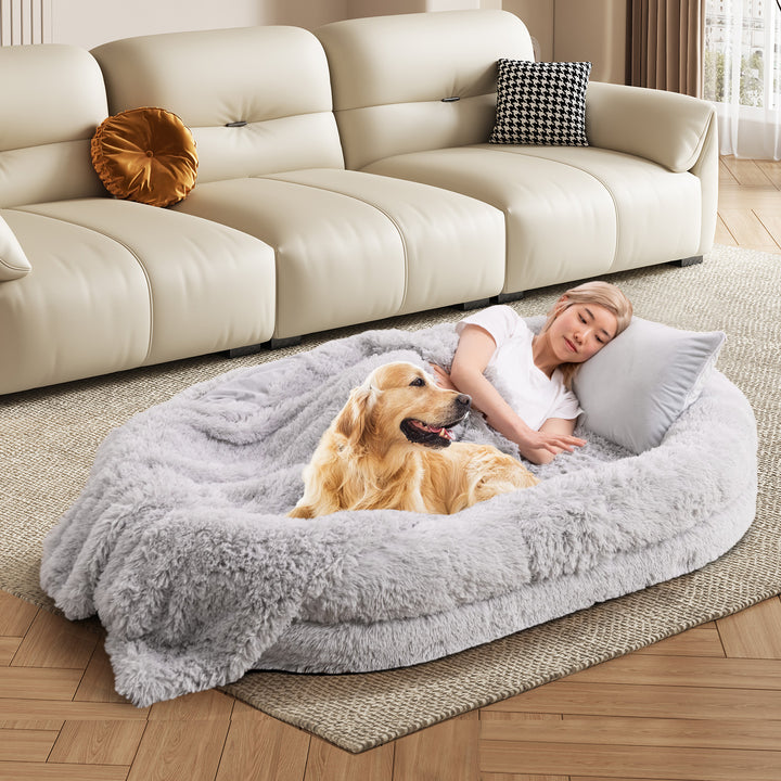 Human Dog Bed with Soft Blanket and Present Plump Pillow - TidySpaces