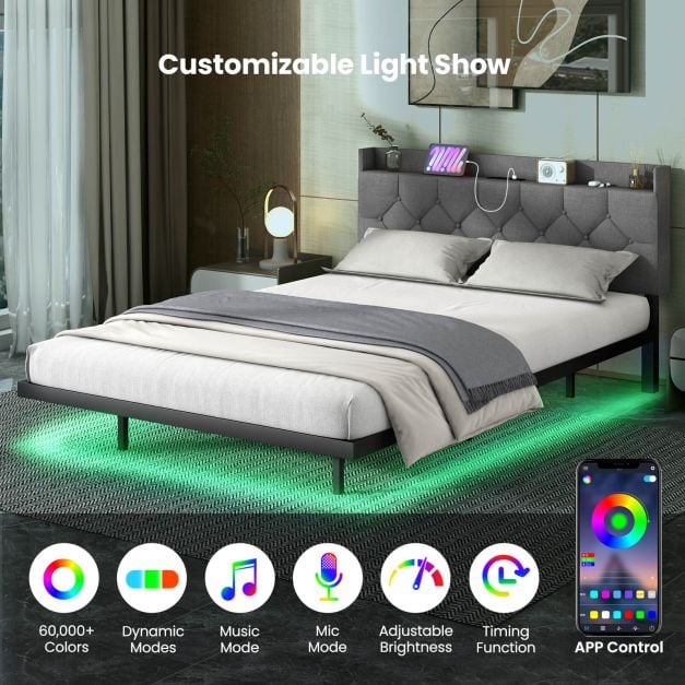 Double/King Size Floating Bed Frame with Adjustable Headboard and Charging Station Grey - TidySpaces