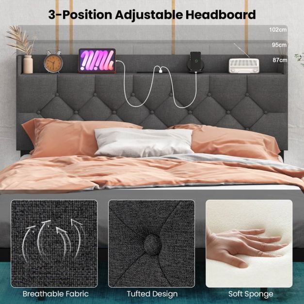 Double/King Size Floating Bed Frame with Adjustable Headboard and Charging Station Grey - TidySpaces