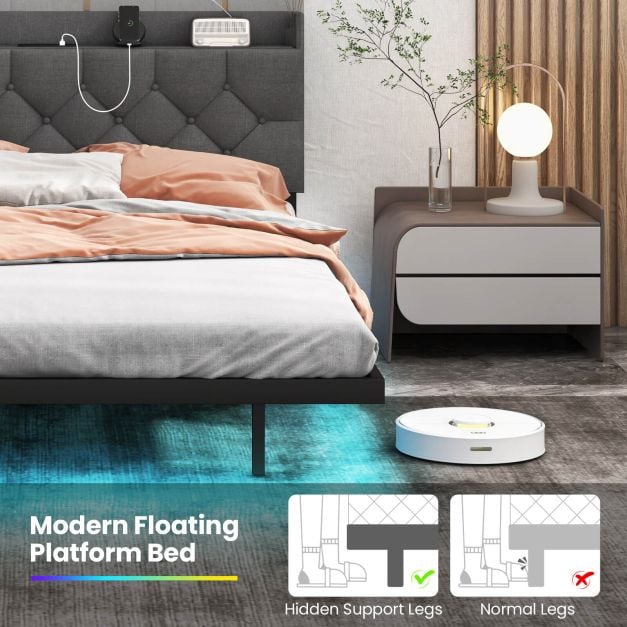 Double/King Size Floating Bed Frame with Adjustable Headboard and Charging Station Grey - TidySpaces
