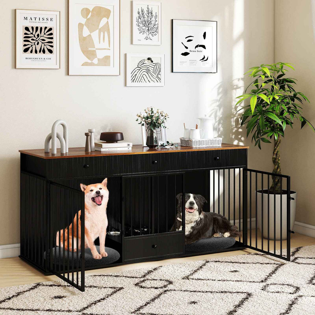 Double Dog Crate Furniture Dog Kennel with Pull-out Feeder and 3 Drawers