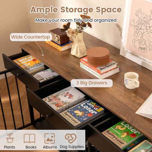 Double Dog Crate Furniture Dog Kennel with Pull-out Feeder and 3 Drawers