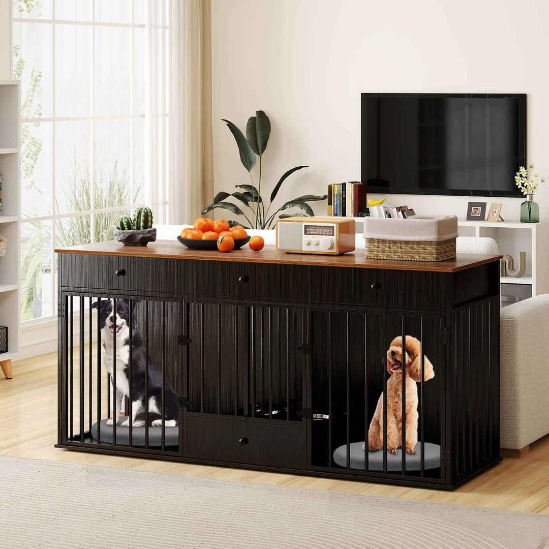 Double Dog Crate Furniture Dog Kennel with Pull-out Feeder and 3 Drawers