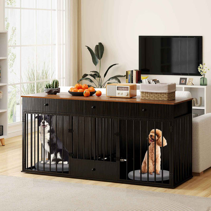 Double Dog Crate Furniture Dog Kennel with Pull-out Feeder and 3 Drawers
