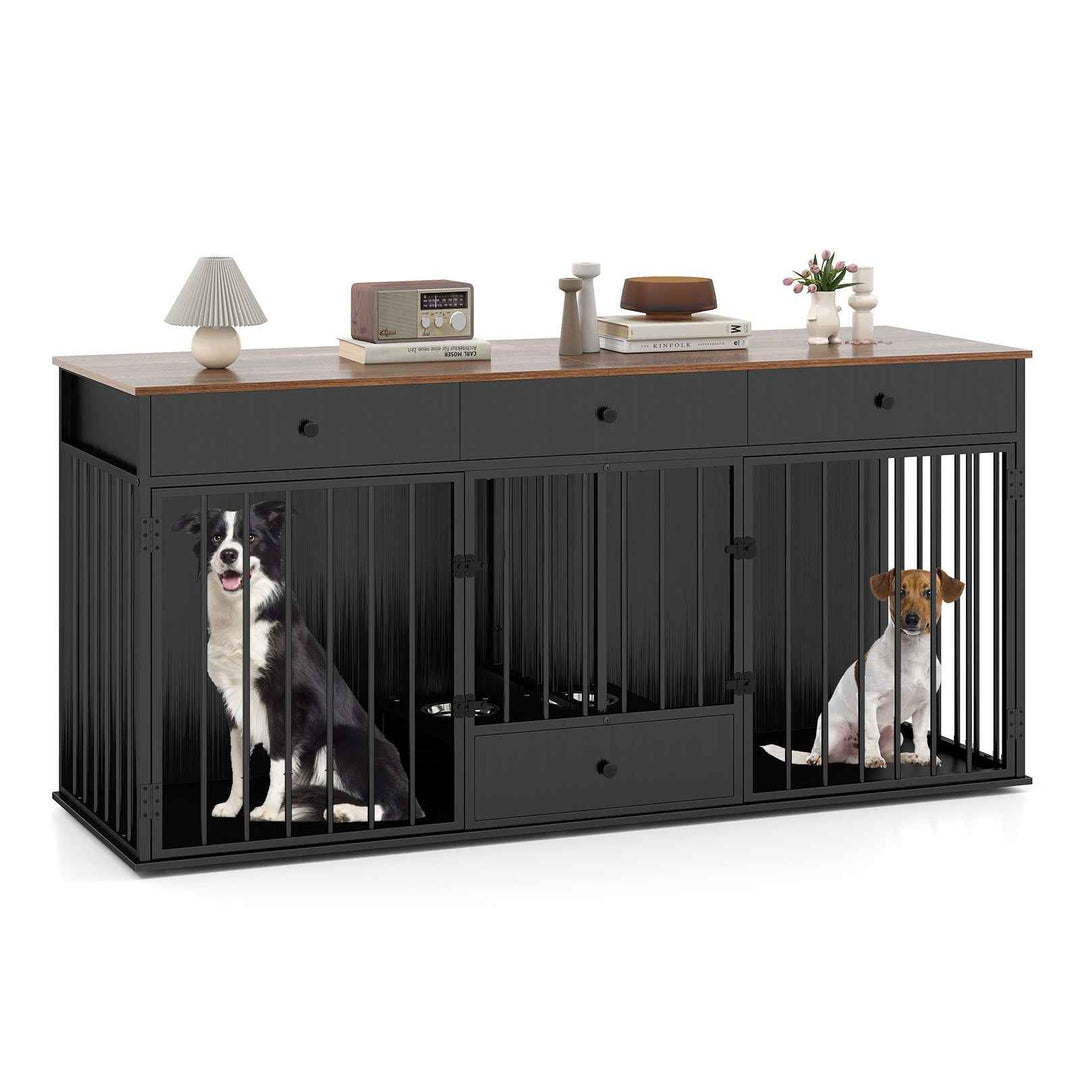 Double Dog Crate Furniture Dog Kennel with Pull-out Feeder and 3 Drawers