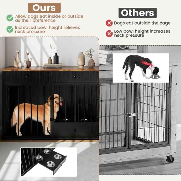 Double Dog Crate Furniture Dog Kennel with Pull-out Feeder and 3 Drawers