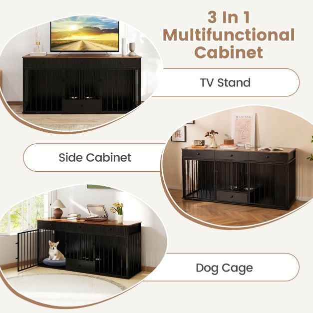 Double Dog Crate Furniture Dog Kennel with Pull-out Feeder and 3 Drawers