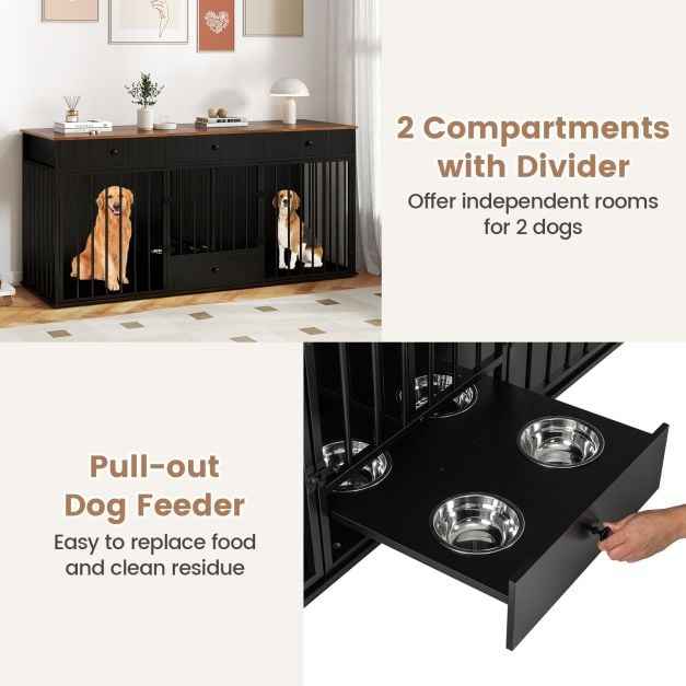 Double Dog Crate Furniture Dog Kennel with Pull-out Feeder and 3 Drawers