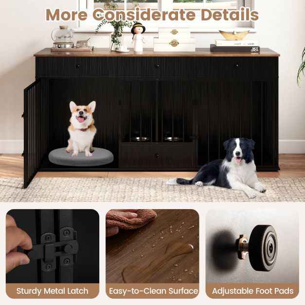 Double Dog Crate Furniture Dog Kennel with Pull-out Feeder and 3 Drawers