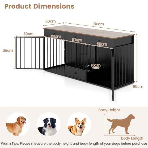 Double Dog Crate Furniture Dog Kennel with Pull-out Feeder and 3 Drawers