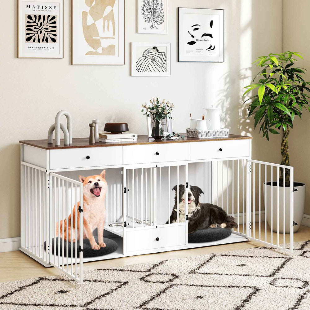 Double Dog Crate Furniture Dog Kennel with Pull-out Feeder and 3 Drawers