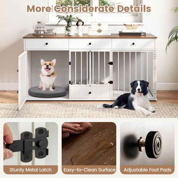 Double Dog Crate Furniture Dog Kennel with Pull-out Feeder and 3 Drawers