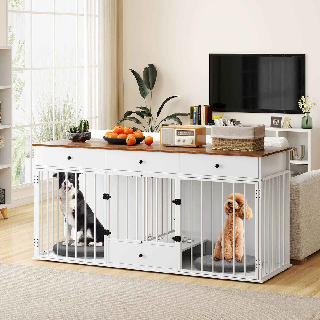 Double Dog Crate Furniture Dog Kennel with Pull-out Feeder and 3 Drawers