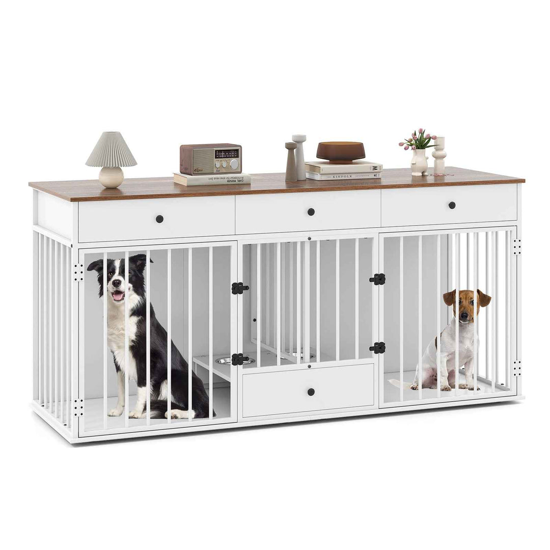 Double Dog Crate Furniture Dog Kennel with Pull-out Feeder and 3 Drawers