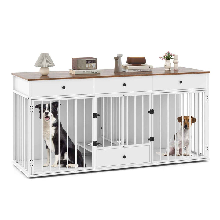 Double Dog Crate Furniture Dog Kennel with Pull-out Feeder and 3 Drawers