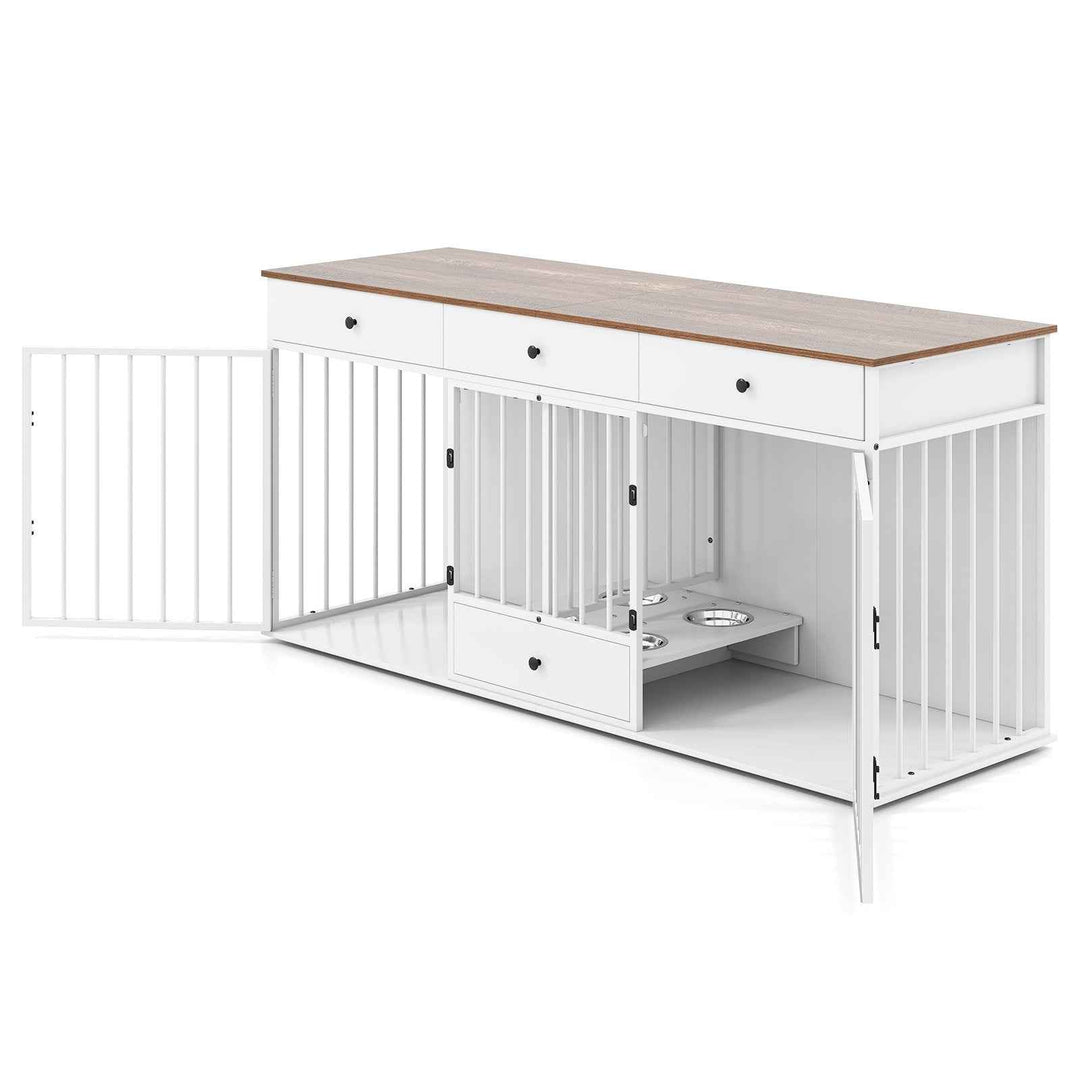 Double Dog Crate Furniture Dog Kennel with Pull-out Feeder and 3 Drawers
