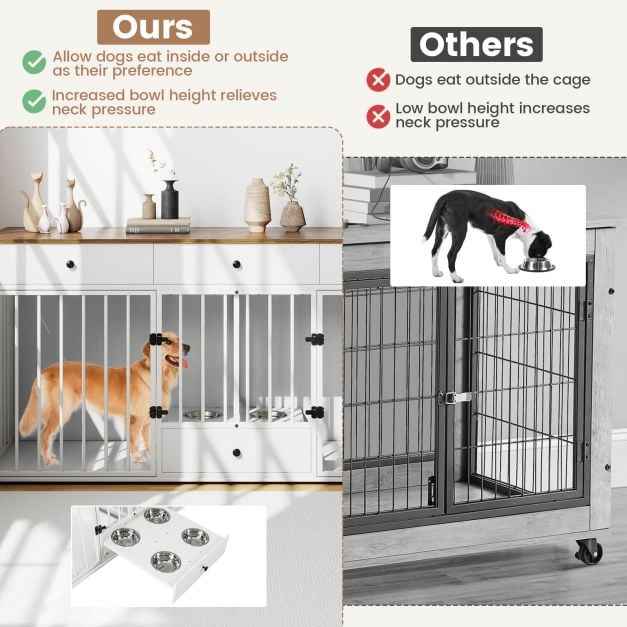 Double Dog Crate Furniture Dog Kennel with Pull-out Feeder and 3 Drawers