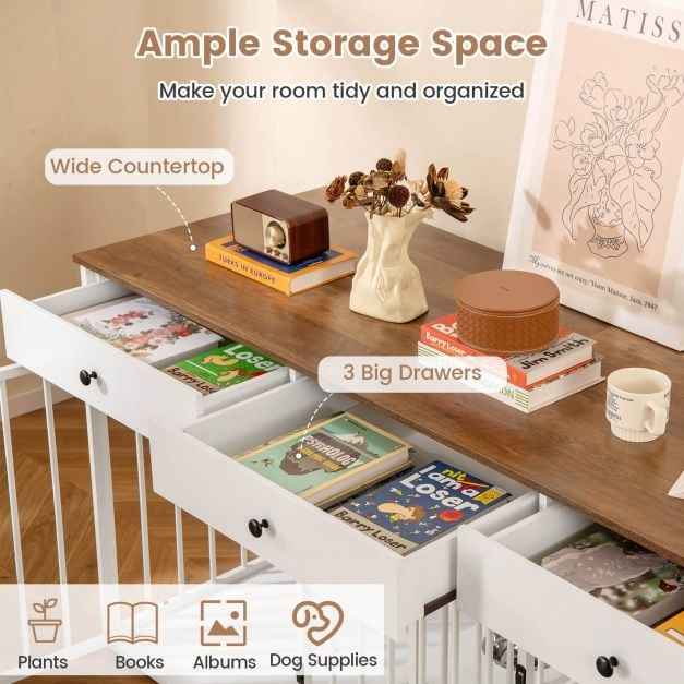 Double Dog Crate Furniture Dog Kennel with Pull-out Feeder and 3 Drawers