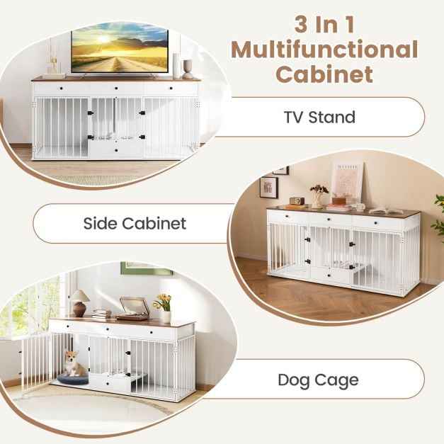 Double Dog Crate Furniture Dog Kennel with Pull-out Feeder and 3 Drawers