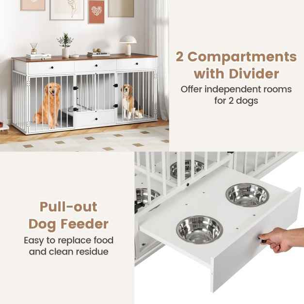 Double Dog Crate Furniture Dog Kennel with Pull-out Feeder and 3 Drawers