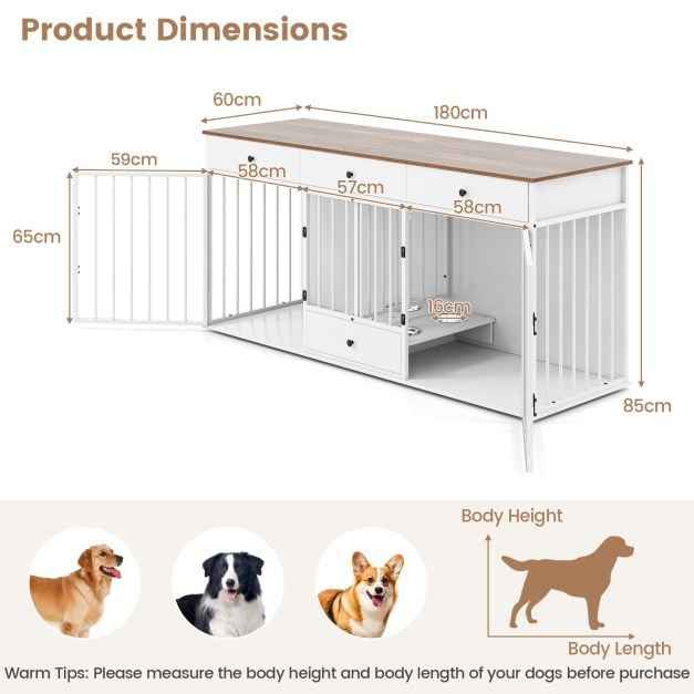 Double Dog Crate Furniture Dog Kennel with Pull-out Feeder and 3 Drawers