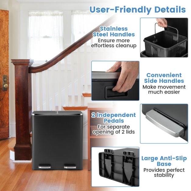 Double Recycle Pedal Bin wth Dual Removable Compartments for Home and Office Use