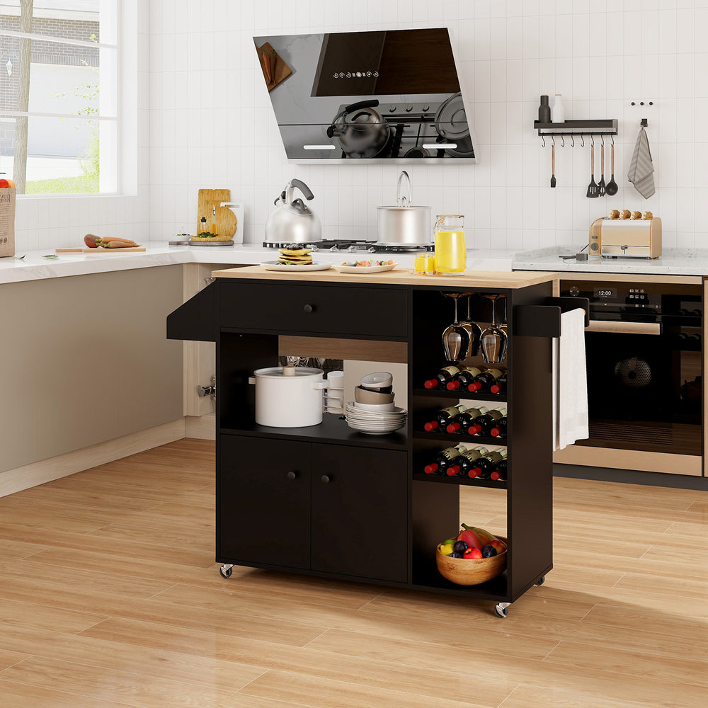 Mobile Drop Leaf Kitchen Island Cart with Microwave Shelf and Wine Rack - TidySpaces