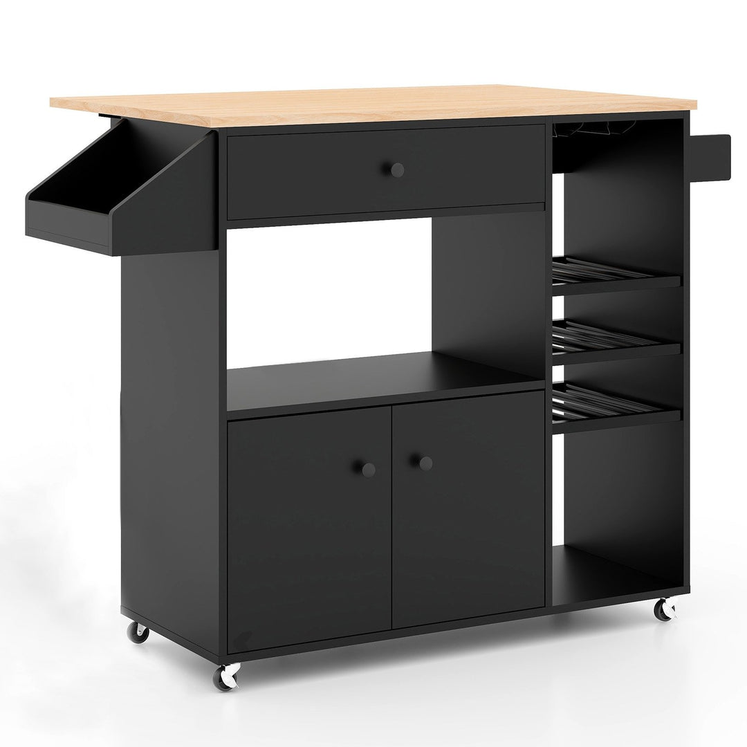 Mobile Drop Leaf Kitchen Island Cart with Microwave Shelf and Wine Rack - TidySpaces