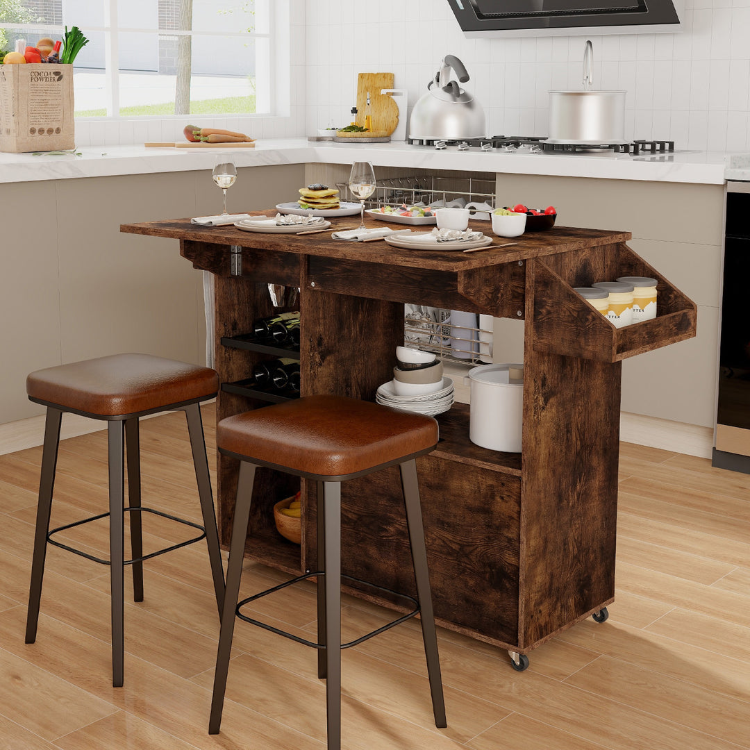 Mobile Drop Leaf Kitchen Island Cart with Microwave Shelf and Wine Rack - TidySpaces