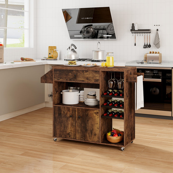 Mobile Drop Leaf Kitchen Island Cart with Microwave Shelf and Wine Rack - TidySpaces